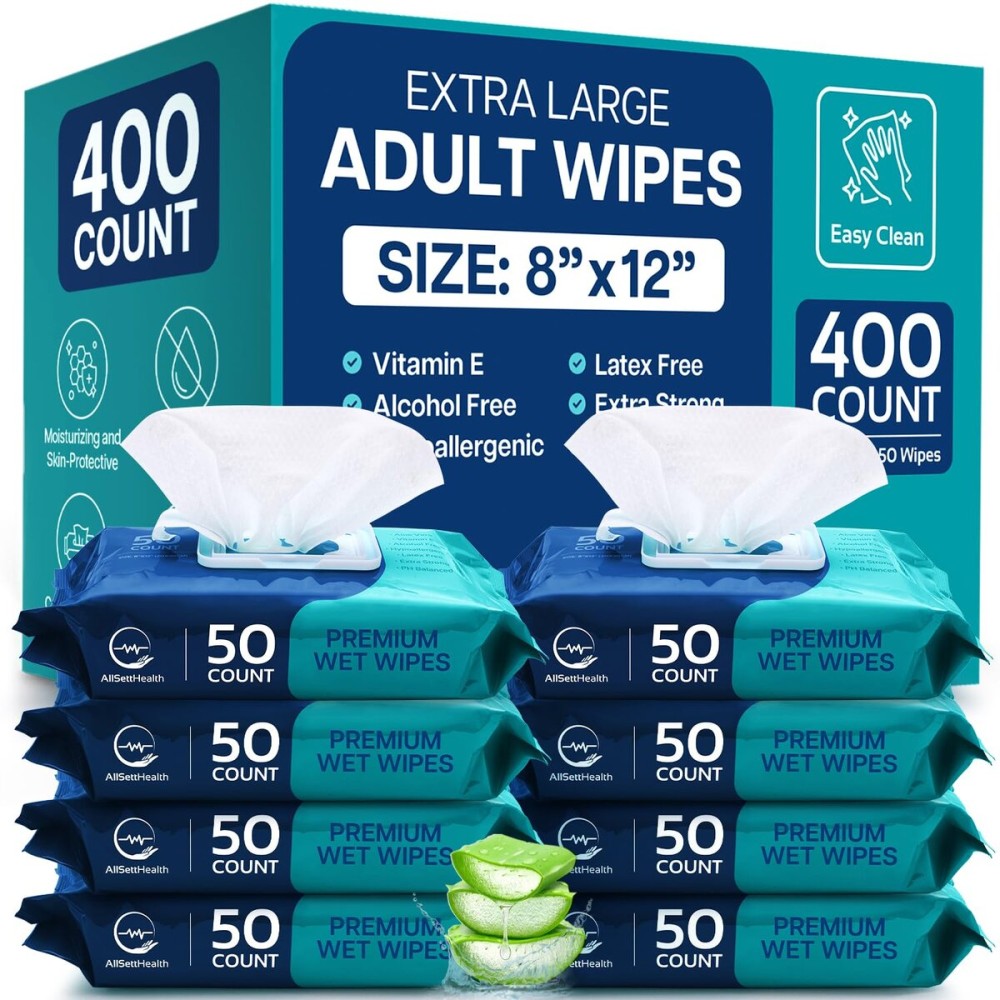 Body Wipes for Adults Bathing No Rinse - Adult Wipes for Elderly 8 x 12 (400 count) Shower for Adults No Rinse, Incontinence Disposable Washcloths, Aloe Vera, Vitamin E