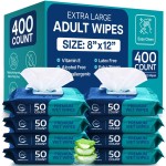 Body Wipes for Adults Bathing No Rinse - Adult Wipes for Elderly 8 x 12 (400 count) Shower for Adults No Rinse, Incontinence Disposable Washcloths, Aloe Vera, Vitamin E