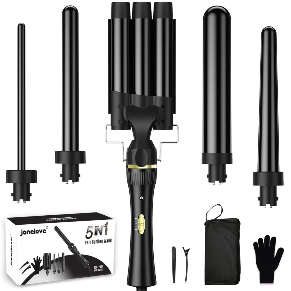5 in 1 Wand Curling Iron, janelove Hair Curling Wand Set with 3 Barrel Hair Crimper and 4 Interchangeable Ceramic Curling Irons (0.39 -1.25), 2 Temps Fast Heat Hair Waver Curler for All Hair Type