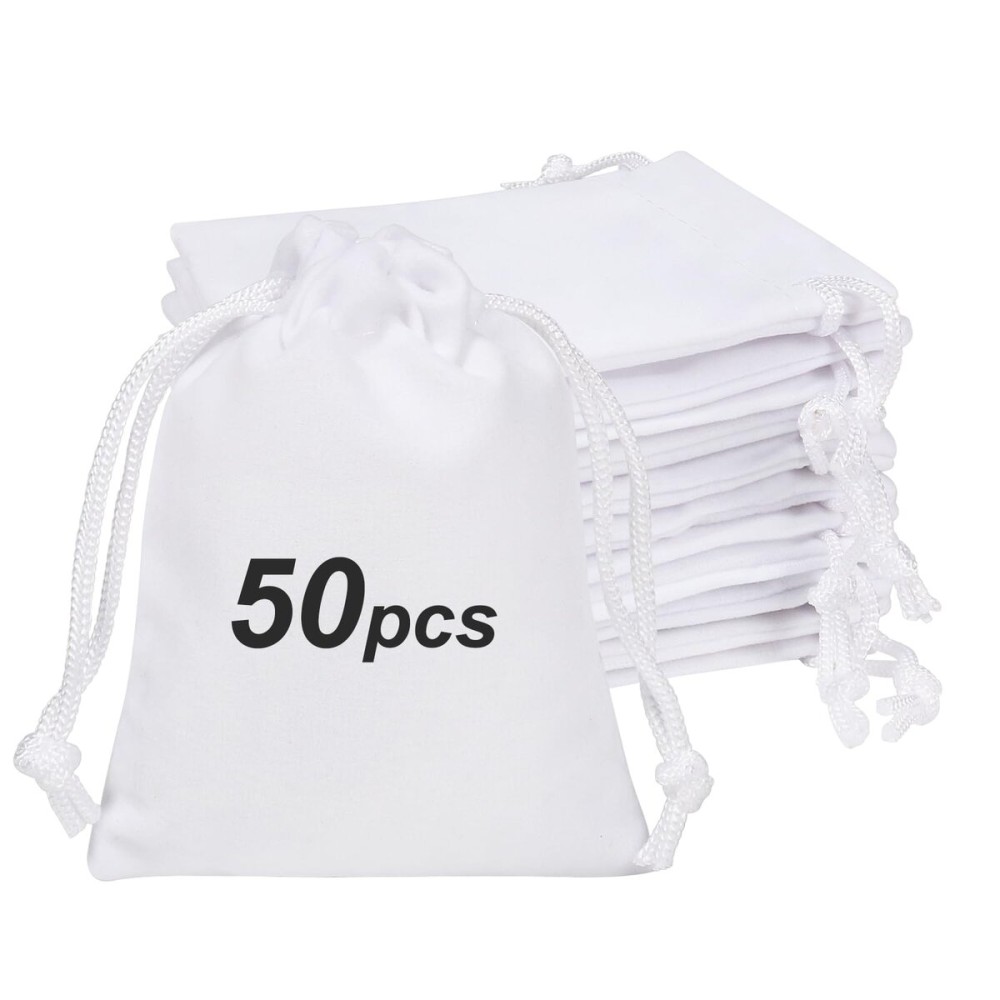 Shintop 50pcs Little velvet gift bags, 3x4inch White Jewelry Bags Drawstring Coin Pouches for Party Favor Small Business
