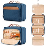 Travel Hanging Toiletry Bag for Women, with Jewelry Organizer Compartment, Medium Waterproof Hanging Makeup Accessories, Cosmetic Essentials, Toiletries Dopp Kit Set with Trolley Belt, Navy Blue