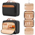 Travel Hanging Toiletry Bag for Women, with Jewelry Organizer Compartment, Medium Waterproof Hanging Makeup Accessories, Cosmetic Essentials, Toiletries Dopp Kit Set with Trolley Belt, Black