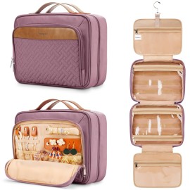 Travel Hanging Toiletry Bag for Women, with Jewelry Organizer Compartment, Medium Waterproof Hanging Makeup Accessories, Cosmetic Essentials, Toiletries Dopp Kit Set with Trolley Belt, Dark Purple
