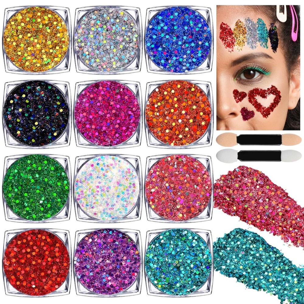 Teenitor 12 Colors Body Glitter, Face Glitter Festival Makeup Glitter Gel, Face and Body Glitter for Makeup, Rave Hair Glitter Gel