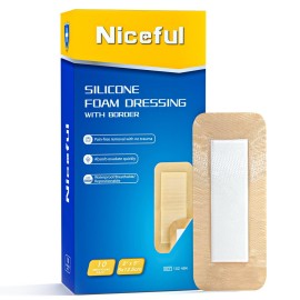 Niceful 10 Pcs Silicone Foam Dressing 2 x 5 - Ultra Soft Waterproof Silicone Bandages with Adhesive Border, Highly Absorbent Foam Dressing for Bed Sores, Leg Ulcers