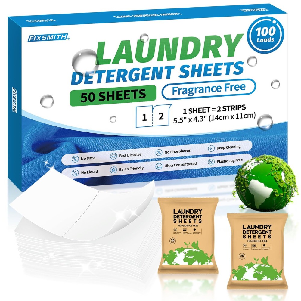 FIXSMITH Laundry Detergent Sheets - 100 Loads (50 Sheets) Fragrance Free - Hypoallergenic,Unscented,Eco Friendly Laundry Detergent Strips Concentrated Travel Detergent Sheets.Plastic-Free,Liquidless