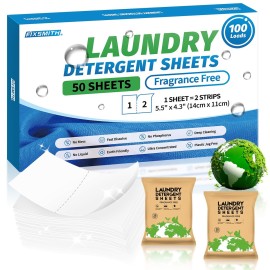 FIXSMITH Laundry Detergent Sheets - 100 Loads (50 Sheets) Fragrance Free - Hypoallergenic,Unscented,Eco Friendly Laundry Detergent Strips Concentrated Travel Detergent Sheets.Plastic-Free,Liquidless