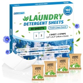 FIXSMITH Laundry Detergent Sheets - 160 Loads (80 Sheets) Fresh Linen Scent - Hypoallergenic,Eco Friendly Laundry Detergent Strips Ultra-Concentrated Travel Detergent Sheets.Plastic-Free,Liquidless.