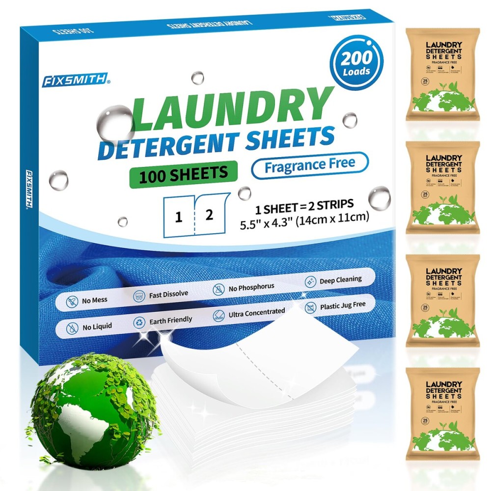 FIXSMITH Laundry Detergent Sheets - 200 Loads (100 Sheets) Fragrance Free - Hypoallergenic,Unscented,Eco Friendly Laundry Detergent Strips Concentrated Travel Detergent Sheets.Plastic-Free,Liquidless