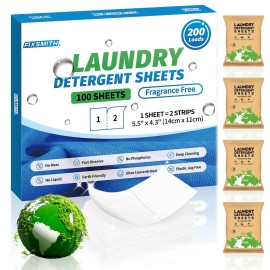 FIXSMITH Laundry Detergent Sheets - 200 Loads (100 Sheets) Fragrance Free - Hypoallergenic,Unscented,Eco Friendly Laundry Detergent Strips Concentrated Travel Detergent Sheets.Plastic-Free,Liquidless