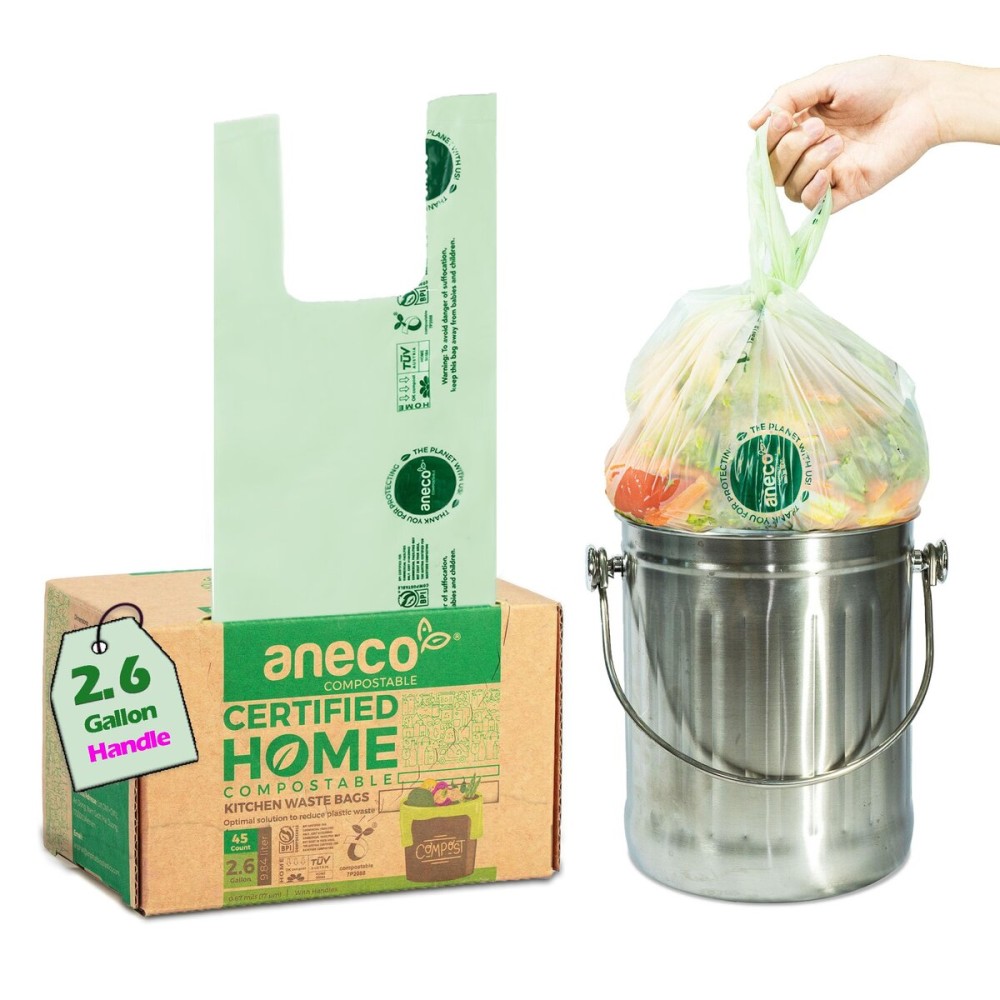 ANECO 100% Compostable Food Waste Bags 2.6 Gallon With Handles, Small Compost Bags for Countertop Bin, OK Compost HOME & BPI Certified Compostable Kitchen Food Waste Bag (45 Count)