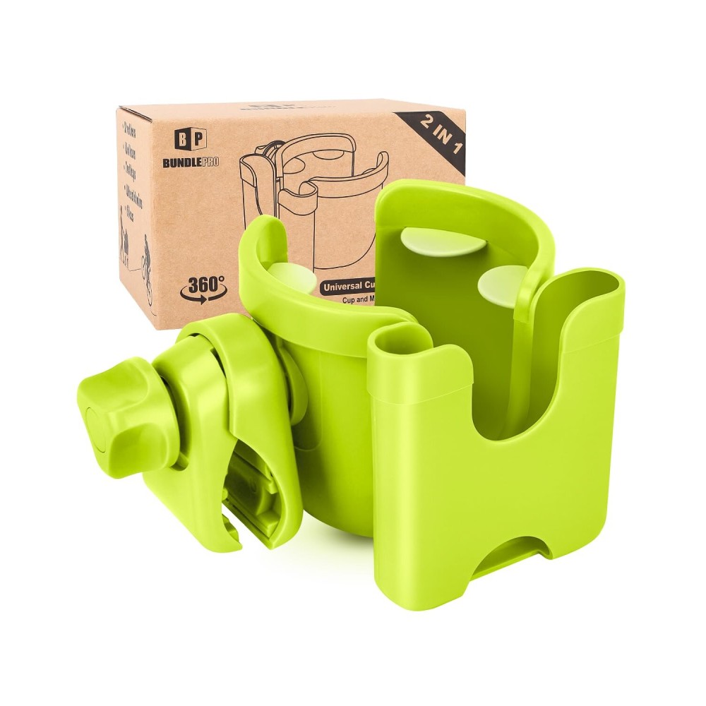 Universal Stroller Cup Holder with Mobile Phone Case, 2-in-1 Strollers Storage Rack, 360 Degrees Rotation Drink Holder for Bike, Pushchair, Wheelchair, Walker,Bicycle, Fits Most Cups (Green)