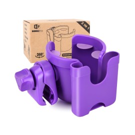 Universal Stroller Cup Holder with Mobile Phone Case, 2-in-1 Strollers Storage Rack, 360 Degrees Rotation Drink Holder for Bike, Pushchair, Wheelchair, Walker,Bicycle, Fits Most Cups (Purple)