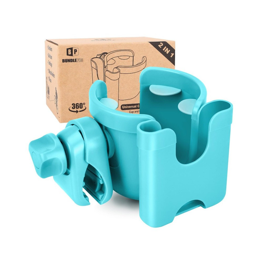 Universal Stroller Cup Holder with Mobile Phone Case, 2-in-1 Strollers Storage Rack, 360 Degrees Rotation Drink Holder for Bike, Pushchair, Wheelchair, Walker,Bicycle, Fits Most Cups (Blue)