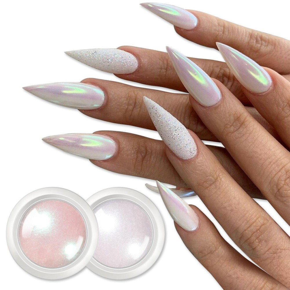 BORN PRETTY White Pearl Chrome Nail Powder And Chameleon Aurora Nail Powder Pigment Mermaid Pigment Pearl Glitter Dust Kit,Nail Art Decoration 2Boxes