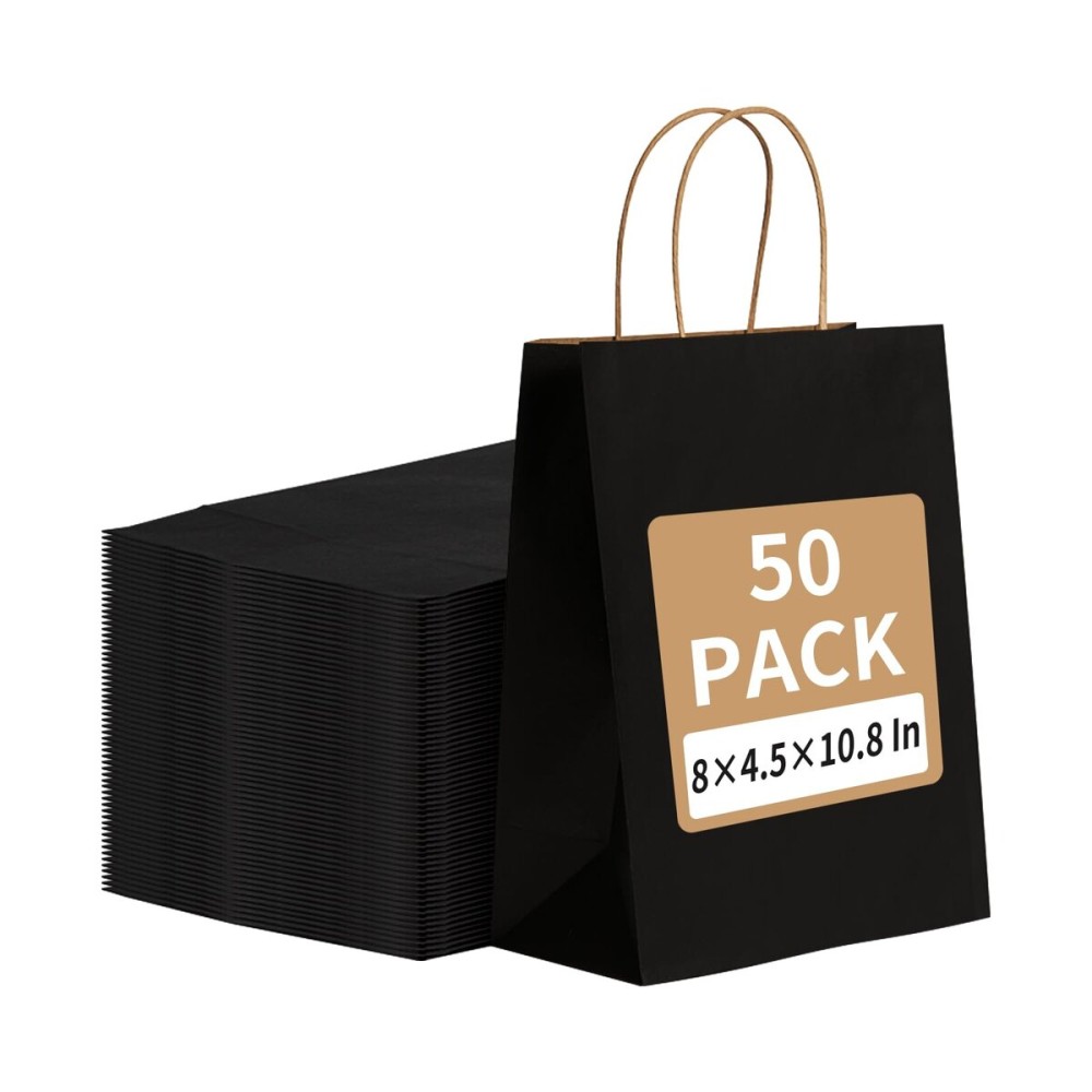 RACETOP 50Pcs Black Gift Bags 8x4.5x10.8 Inch, Kraft Paper Bags with Handles, Shopping Bags for Boutique, Wedding Party Favor, Merchandise, Retail, Small Business, Bulk