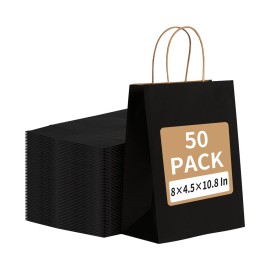 RACETOP 50Pcs Black Gift Bags 8x4.5x10.8 Inch, Kraft Paper Bags with Handles, Shopping Bags for Boutique, Wedding Party Favor, Merchandise, Retail, Small Business, Bulk