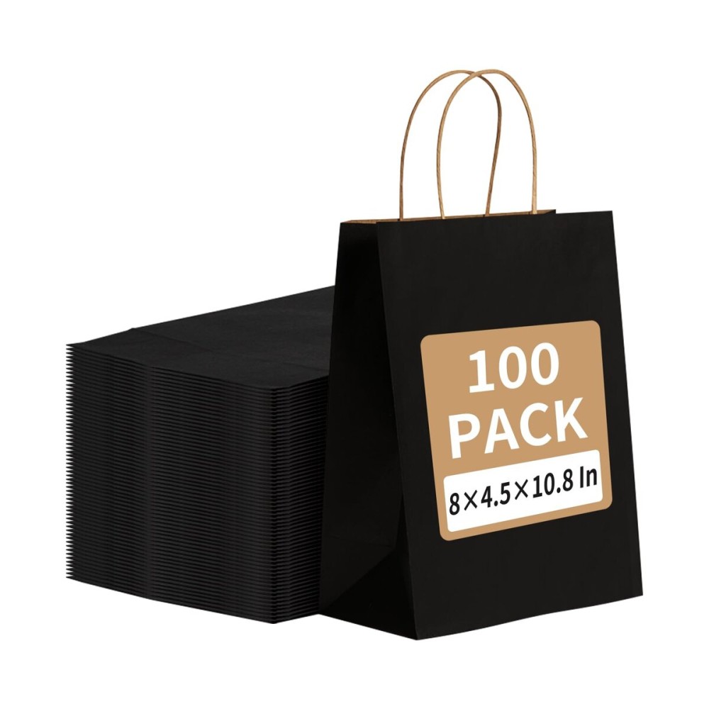 RACETOP 100 Pack Black Kraft Paper Bags 8x4.5x10.8 Inches Gift Bags with Handles Bulk, Paper Shopping Bags for Party, Wedding, Retail, Christmas, Birthday, Business, Restaurant, Takeout