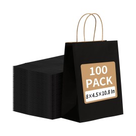 RACETOP 100 Pack Black Kraft Paper Bags 8x4.5x10.8 Inches Gift Bags with Handles Bulk, Paper Shopping Bags for Party, Wedding, Retail, Christmas, Birthday, Business, Restaurant, Takeout