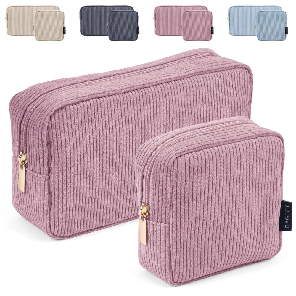 MAGEFY Makeup Bag for Purse, 2 Pcs Corduroy Cosmetic Bag for Women Small Travel Makeup Pouch with Zipper(Pink)