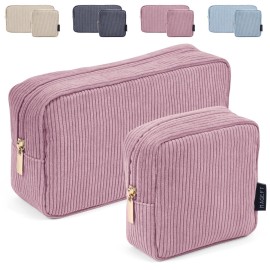 MAGEFY Makeup Bag for Purse, 2 Pcs Corduroy Cosmetic Bag for Women Small Travel Makeup Pouch with Zipper(Pink)