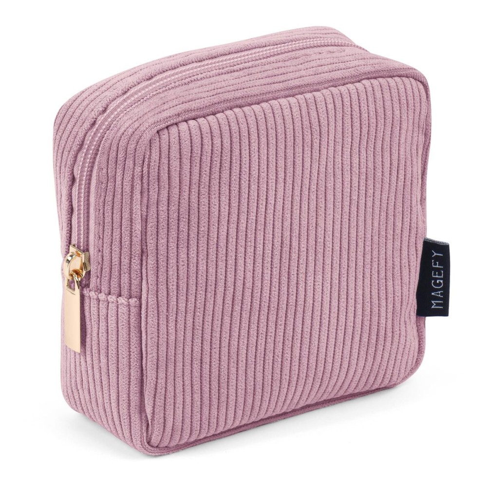 MAGEFY Small Makeup Bag for Purse Mini Cosmetics Bag Corduroy Cute Cosmetic Pouch for Women with Slip-in Pockets (Pink)