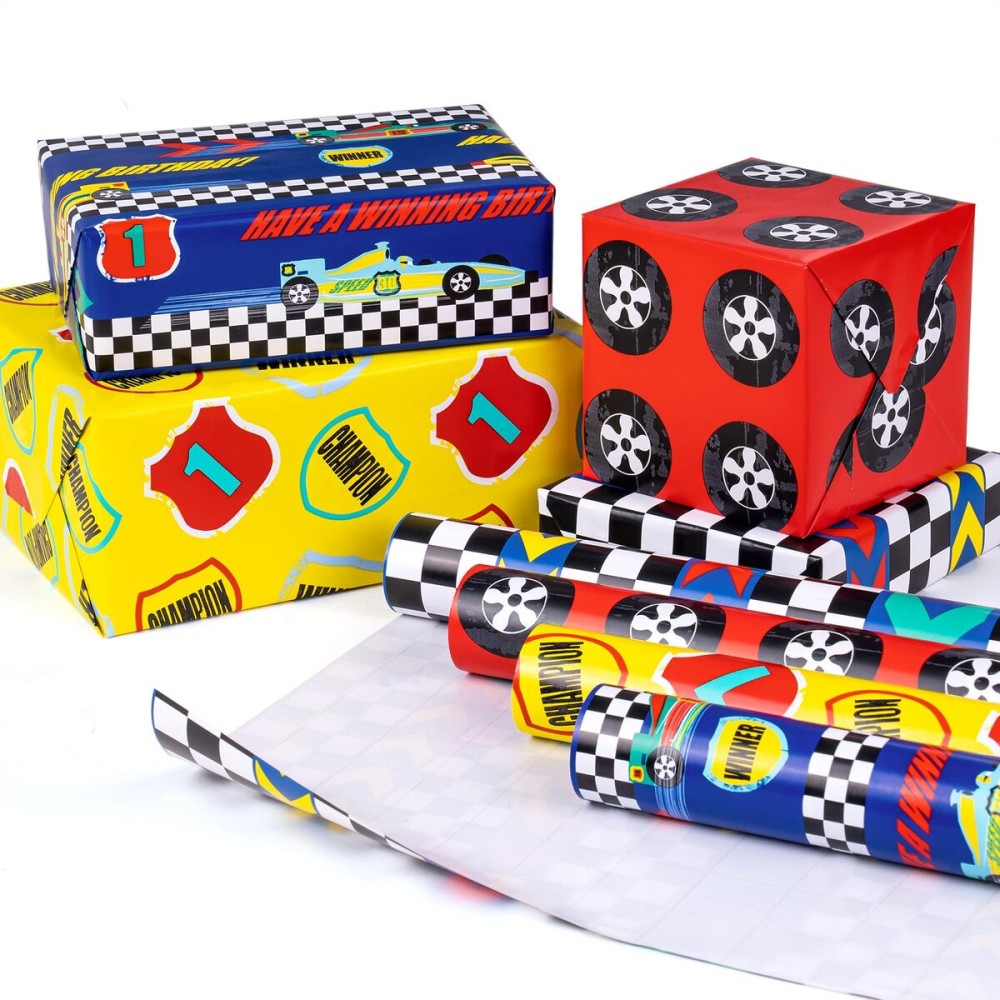 WRAPAHOLIC Birthday Wrapping Paper Roll - Mini Roll - 4 Rolls - 17 Inch X 120 Inch Per Roll - Cool Racing Cars and Autodrome Print for Birthday, Party, Baby Shower Packing