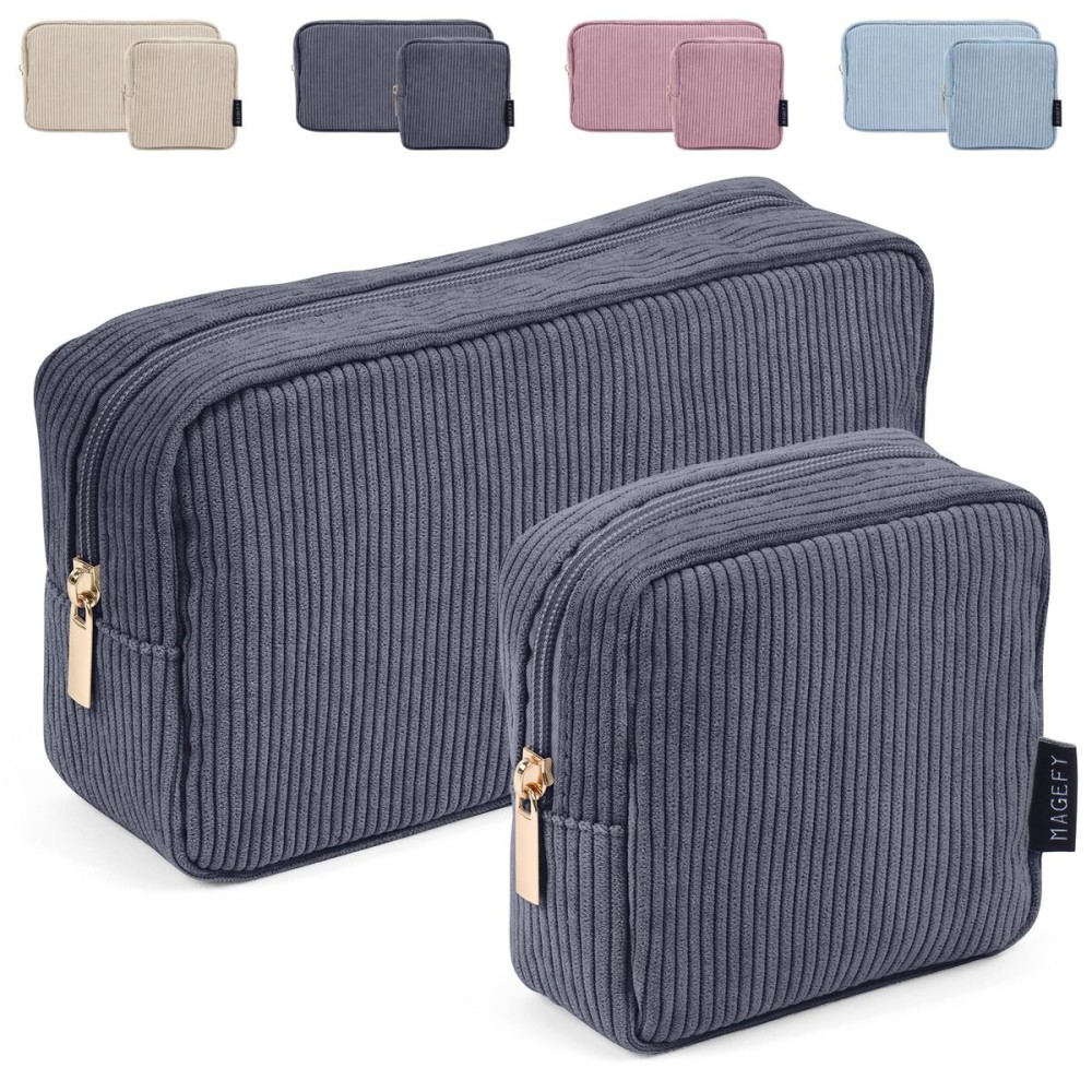 MAGEFY Makeup Bag 2 Pcs Corduroy Cosmetic Bag Mini Big Makeup Bags for Women Travel Pouch with Slip-in Pockets EcoDeepGrey
