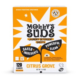 Mollys Suds Laundry Detergent Sheets | Gentle on Sensitive Skin, Powerful Bio-Based Enzymes, Stain-Fighting | Liquidless & Plastic-Free Packaging | 120 Loads (Citrus Grove)