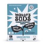 Mollys Suds Laundry Detergent Sheets | Gentle on Sensitive Skin, Powerful Bio-Based Enzymes, Stain-Fighting | Liquidless & Plastic-Free Packaging | 120 Loads (Unscented)