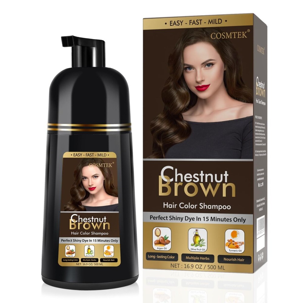 COSMTEK Chestnut Brown Hair Dye Shampoo Permanent for Men&Women,Instant Hair Color Shampoo for Gray Hair Coverage,16.9oz