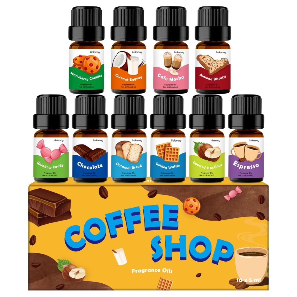 Fragrance Oil for Candle & Soap Making, Holamay Coffee Shop Set, Premium Aromatherapy Essential Oils for Diffusers for Home - Espresso, Cafe Mocha, Chocolate, Almond Biscotti and More, 10 x 5ml