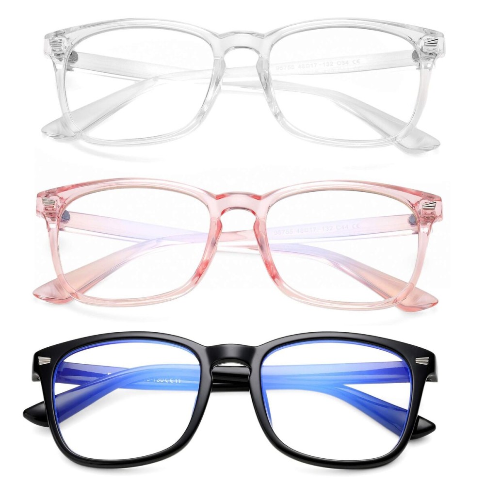 AZorb 3Pack Blue Light Blocking Glasses for Kids TR90 Unbreakable Computer Screen Glasses for Boys & Girls - 3 Pack(Transparent Pink+Transparent+Black)
