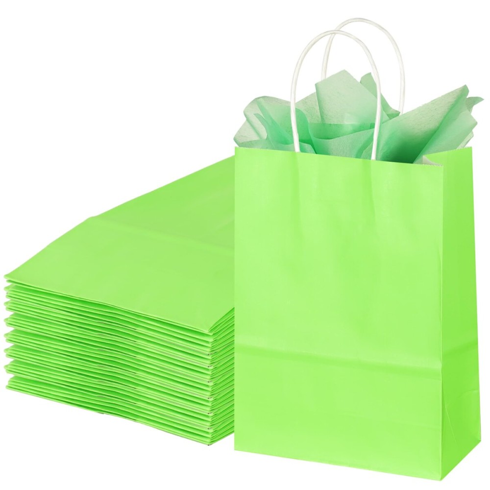 BLEWINDZ 32Pcs Small Paper Gift Bags with Tissues, Green Party Favor Bags with Handles, 8.7 Goodie Bag for Birthday, Shopping, Party Supplies