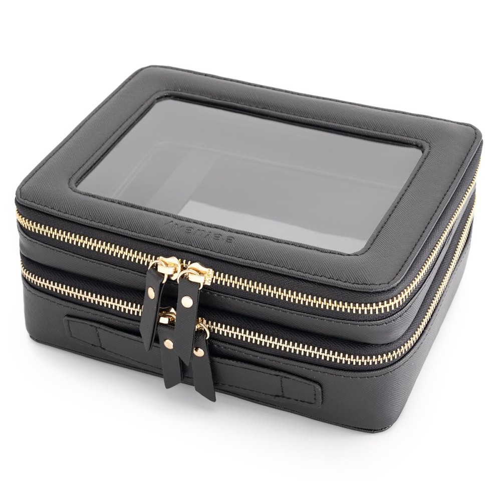 Aveniee Clear Makeup Bags,Double Layer Cosmetic Bags with Separate Brush Compartment,Large Travel Toiletry Bag Cosmetic Case,Travel Accessories Organizer for Women,2 Layers,Black