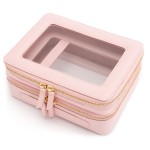 Aveniee XL Clear Makeup Organizer,Double Layer Travel Cosmetic Case with Brush Holder & Zippered Compartments, Large Toiletry Bag Train Case for Women.2 Layers, Pink