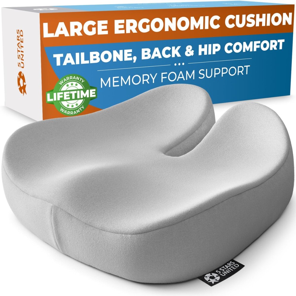 5 STARS UNITED Seat Cushion for Tailbone Pain Relief - Large Memory Foam Cushion for Coccyx, Hip, Sciatica & Post-Surgery Recovery - Wheelchair, Car, Desk, Gaming & Office Chairs, Light Gray