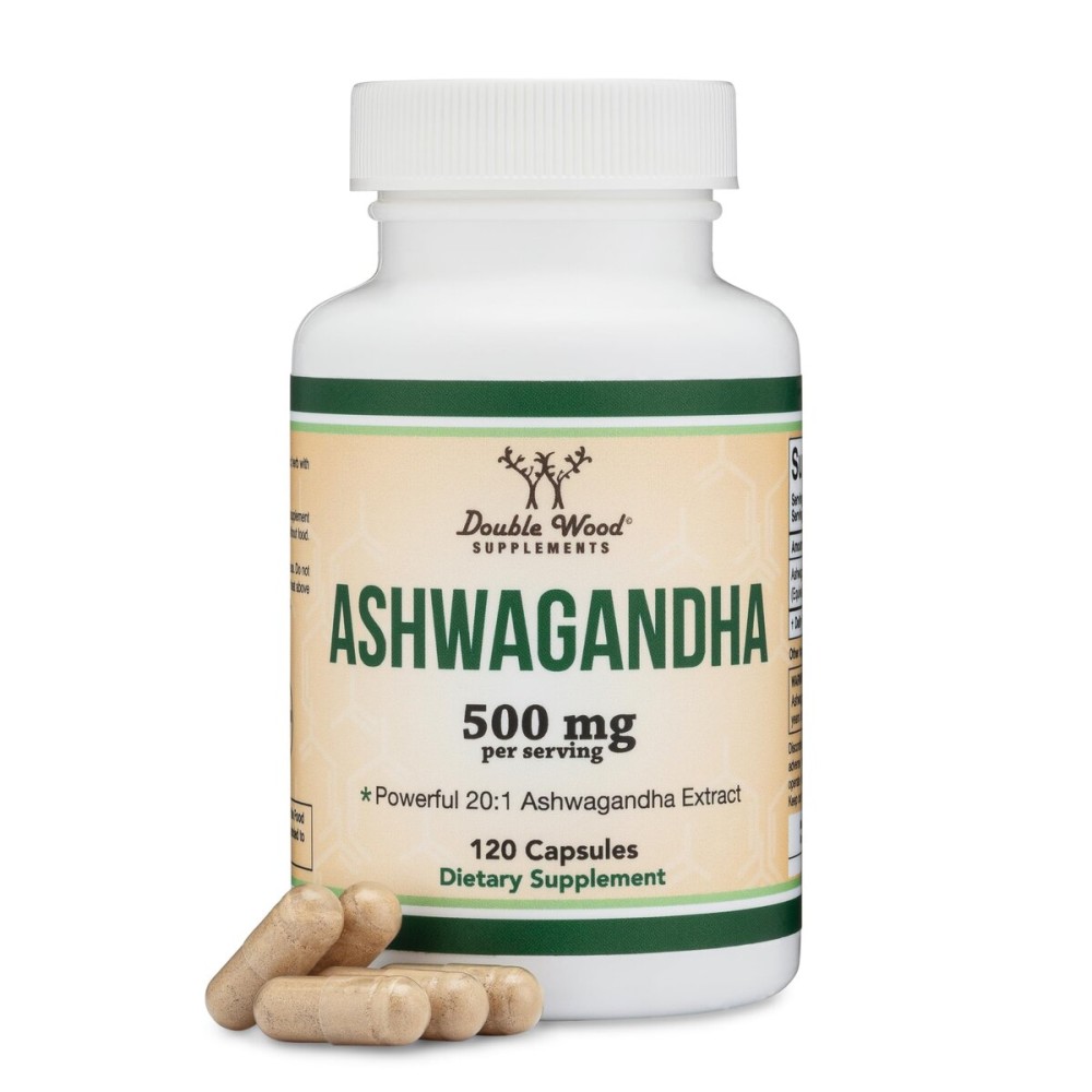 Ashwagandha Capsules, 120 Count (500mg Extract 20:1 Potency) Adaptogen Stress Relief by Double Wood