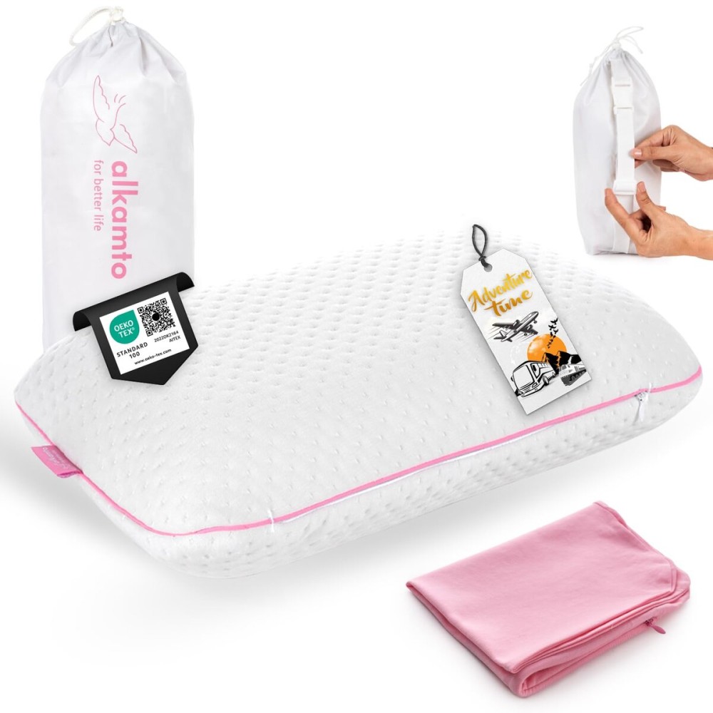 alkamto Travel & Camping Comfortable Memory Foam Pillow - Easy to Carry Portable Bag - Temperature Regulating Pillow Case (Pink + Extra Cover)