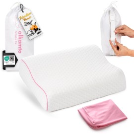 alkamto Travel & Camping Comfortable Memory Foam Pillow - Easy to Carry Portable Bag - Temperature Regulating Pillow Case (Pink Contour + Extra Cover)