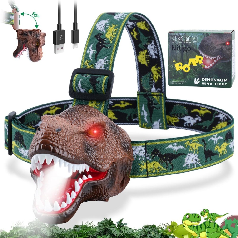 Nitigo Dinosaur Headlamp for Kids Flashlight Rechargeable Led Headlights Roar & Silent Mode, T-Rex Dinosaur Toys for Kids 3-5 4-6 5-7 6-8, Camping Gear, Christmas Gifts for Boys Girls Adults