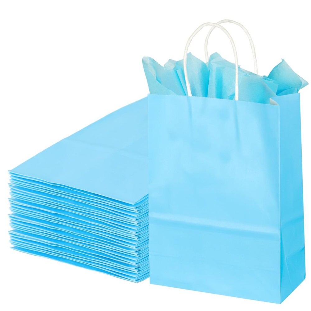 BLEWINDZ 32Pcs Small Paper Gift Bags with Tissues, Light Blue Party Favor Bags with Handles, 8.7 Goodie Bag for Birthday, Shopping, Party Supplies