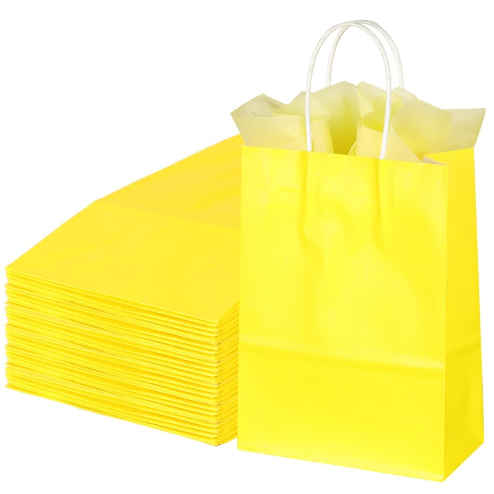 BLEWINDZ 32Pcs Small Paper Gift Bags with Tissues, Yellow Party Favor Bags with Handles, 8.7 Goodie Bag for Birthday, Shopping, Party Supplies