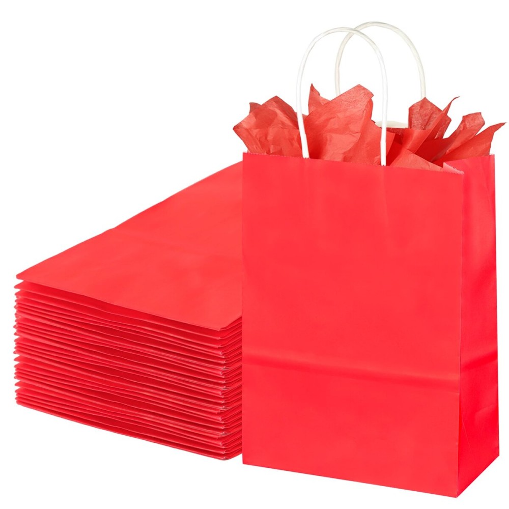 BLEWINDZ 32Pcs Small Paper Gift Bags with Tissues, Red Party Favor Bags with Handles, 8.7 Goodie Bag for Birthday, Shopping, Party Supplies