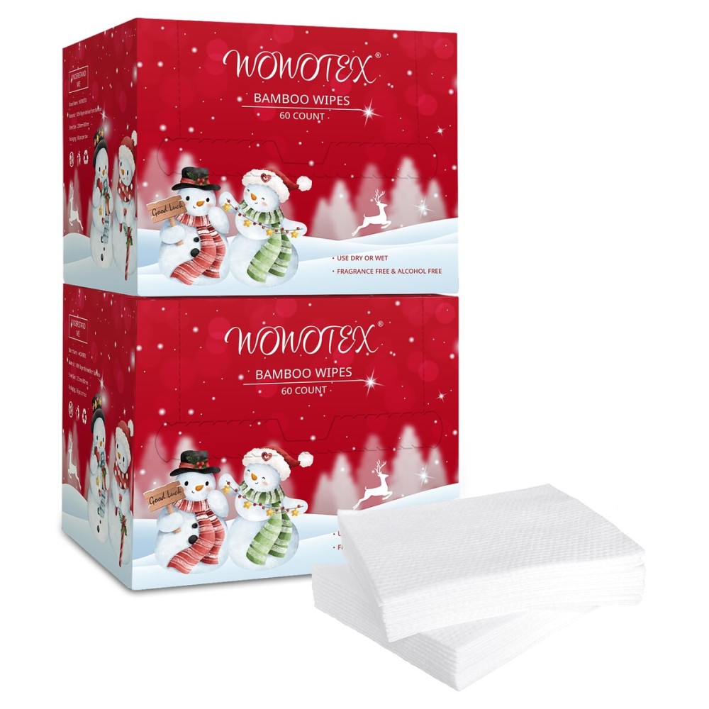 Christmas Style WOWOTEX Disposable Face Towel Biodegradable Large Dry Face Wipes 120 Count/2 Box Extra Thick Soft Clean Facial Towels for Sensitive Skin, Facial Cleansing, Nursing, 1012