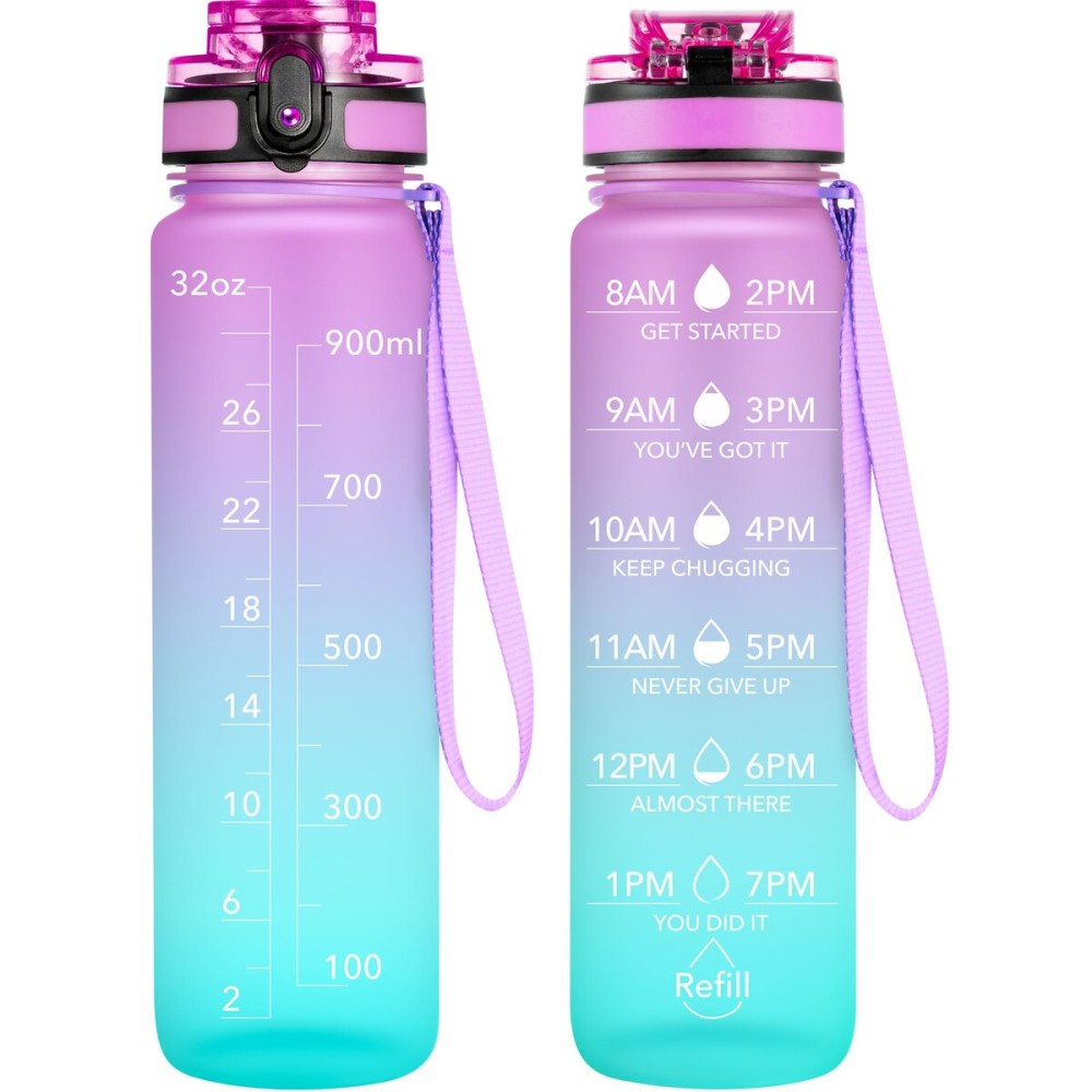 OLDLEY Water Bottle, 32oz Motivational Sports Water Bottle with Time Marker - Times to Drink - Tritan, BPA Free, Wide Mouth Leakproof, Confectionery (1 Bottle)