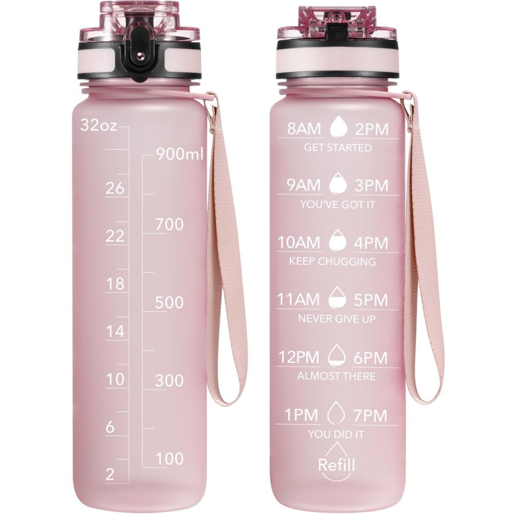 OLDLEY Water Bottle, 32oz Motivational Sports Water Bottle with Time Marker - Times to Drink - Tritan, BPA Free, Wide Mouth Leakproof, Peach (1 Bottle)