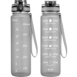 OLDLEY Water Bottle, 32oz Motivational Sports Water Bottle with Time Marker - Times to Drink - Tritan, BPA Free, Wide Mouth Leakproof, Grey Misty (1 Bottle)