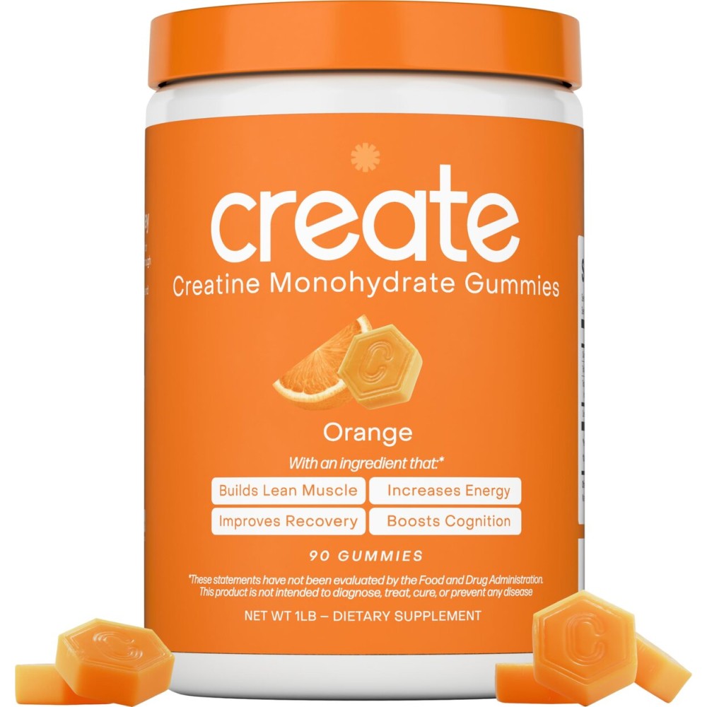 Create Creatine Monohydrate Gummies for Men & Women, Boost Focus, Strength, and Endurance, Anti-Melting Formula, Vegan, Gluten-Free, Non-GMO, 1.5g of Creatine per Gummy (Orange)