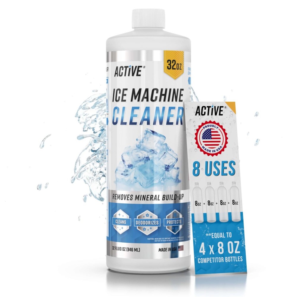 ACTIVE Ice Machine Cleaner Maker Descaler - 32 fl oz (8 Uses) Nickel Safe Ice Maker Cleaner Solution - Compatible with Whirlpool 4396808, Scotsman,Manitowoc,Hoshizaki, GE Opal Cleaning Kit - USA Made